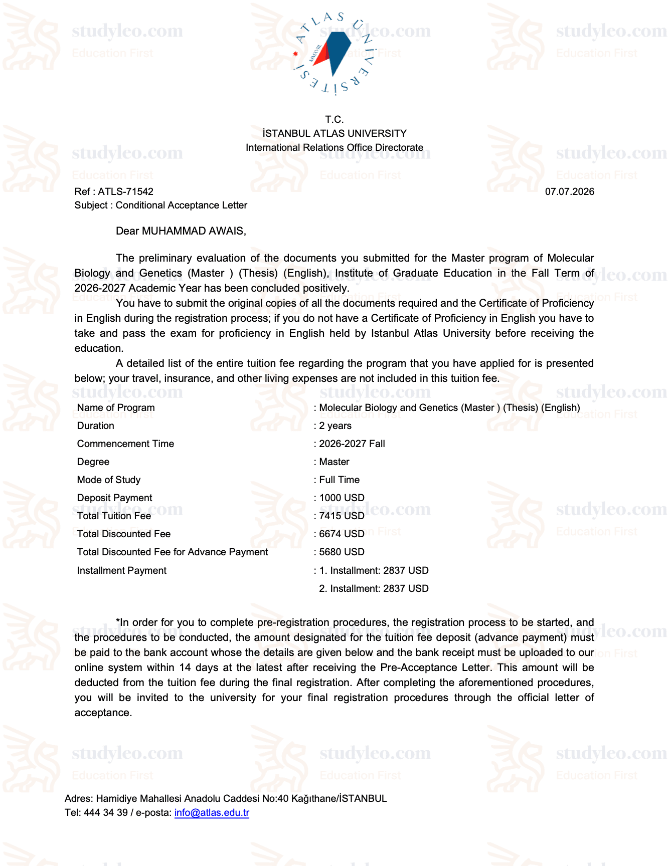 Istanbul Atlas University – Molecular Biology and Genetics
