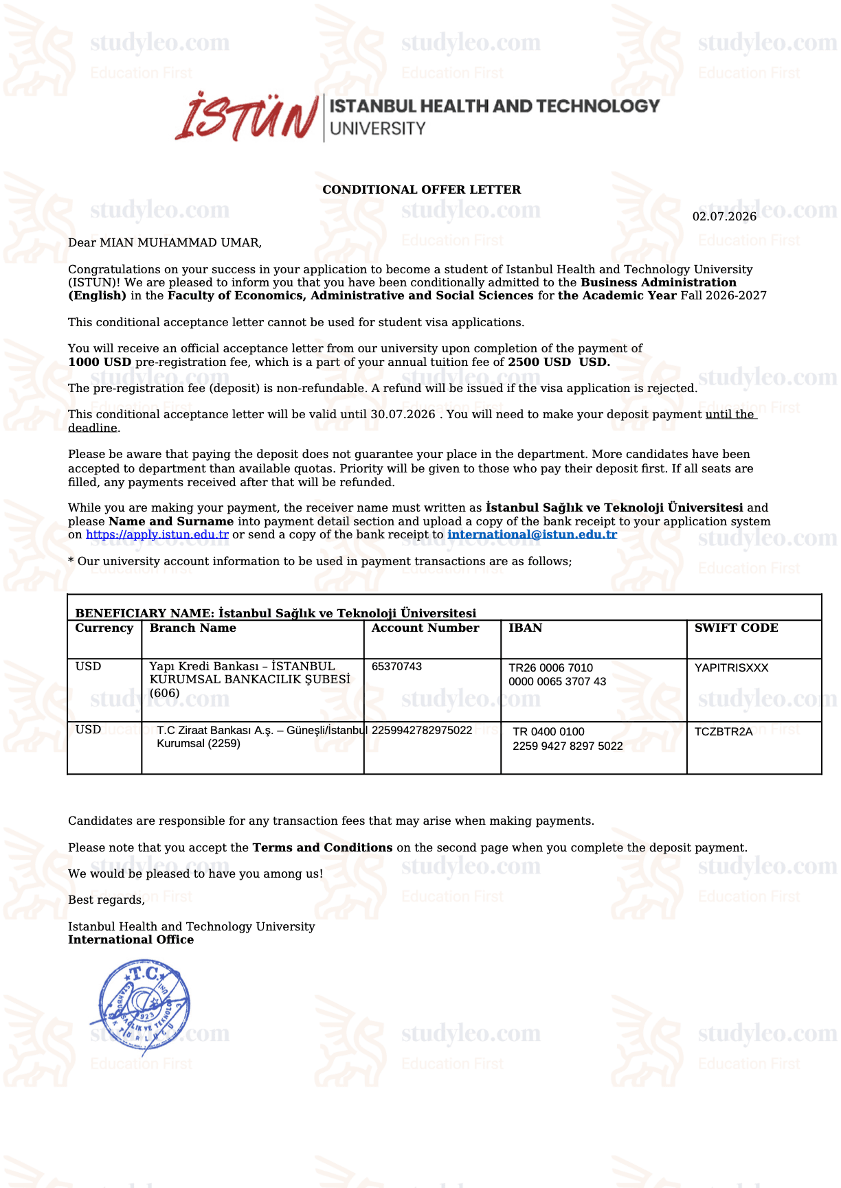 Istanbul Health and Technology University – Business Administration