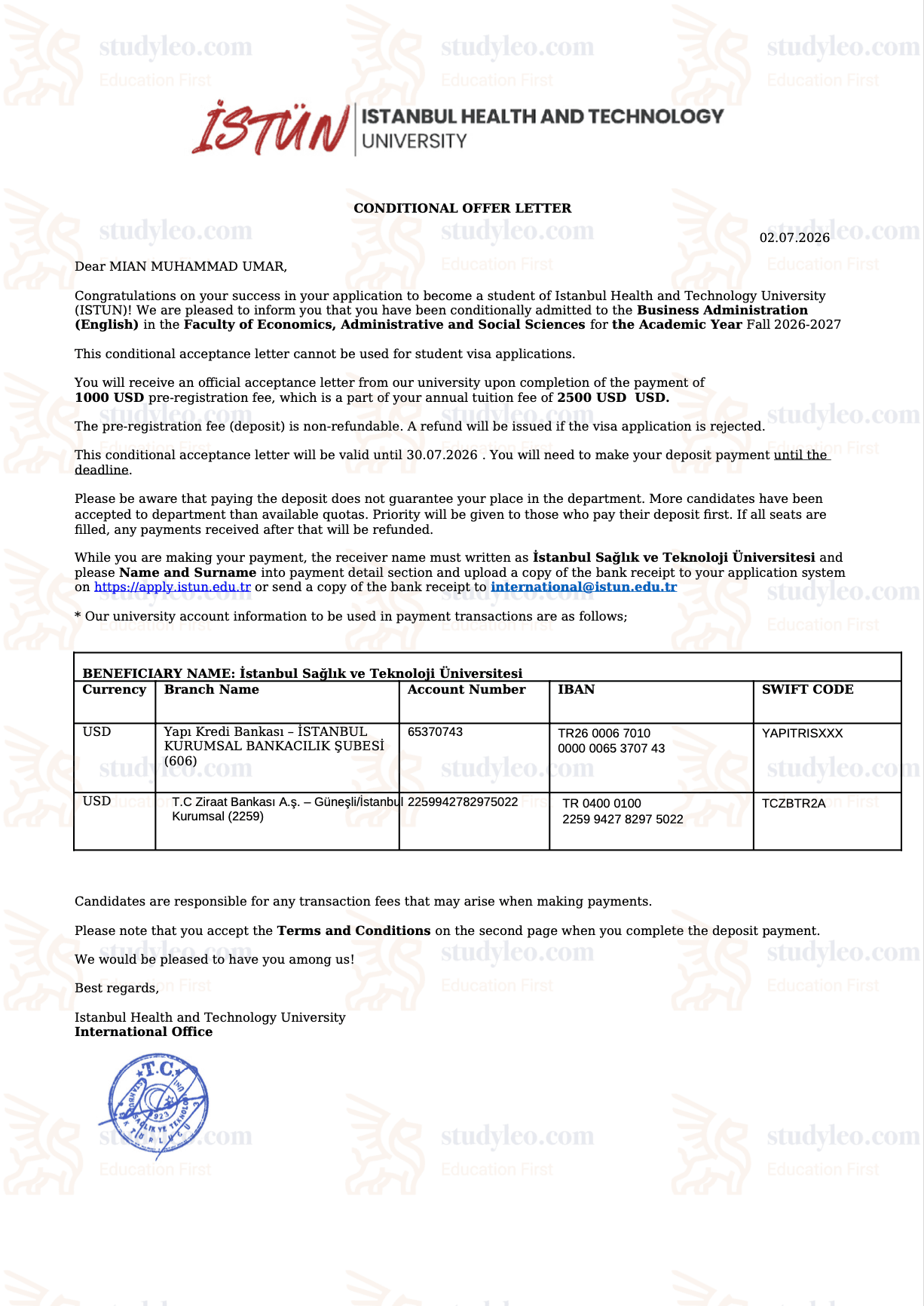 Istanbul Health and Technology University – Business Administration