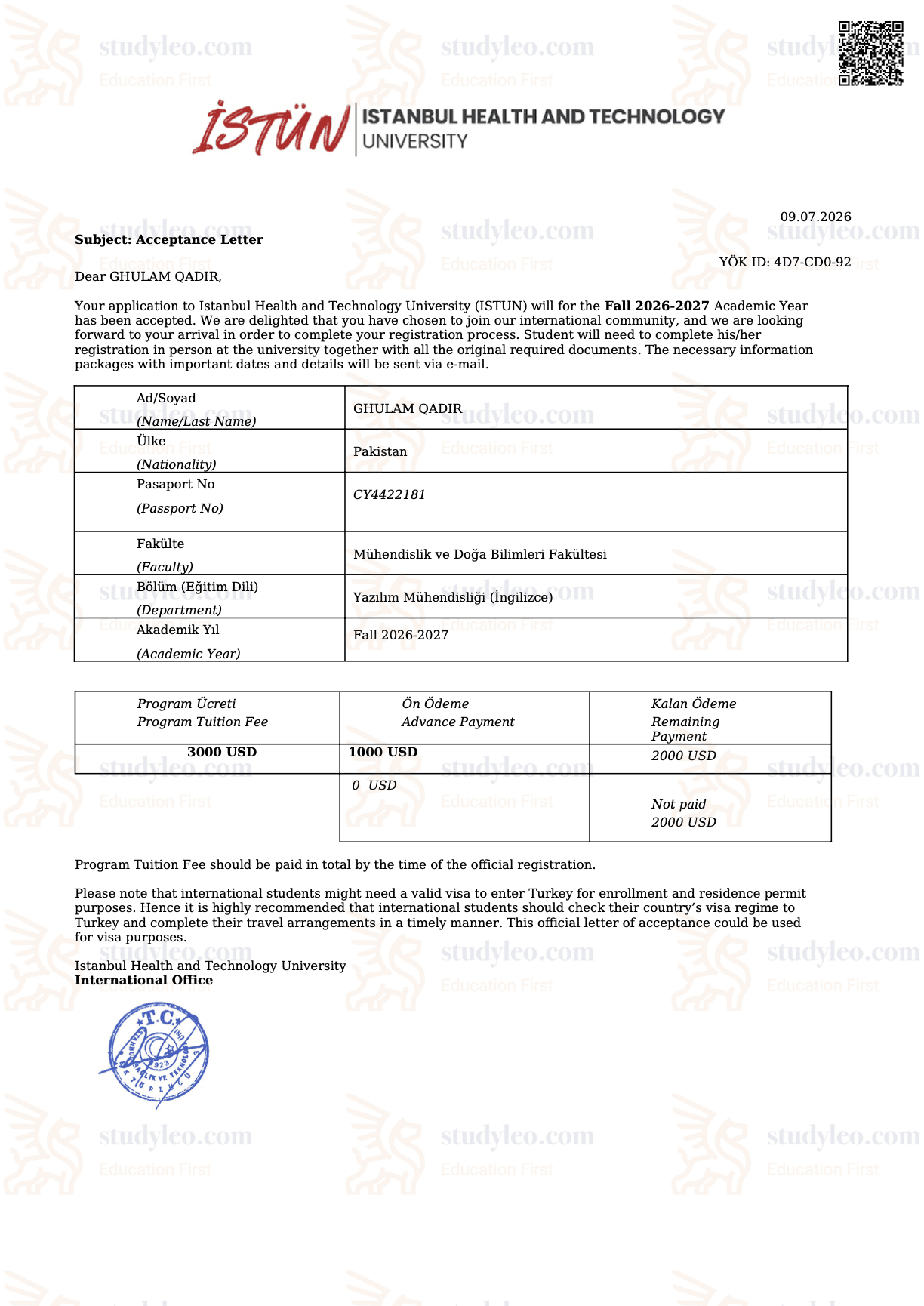 Istanbul Health and Technology University – Software Engineering
