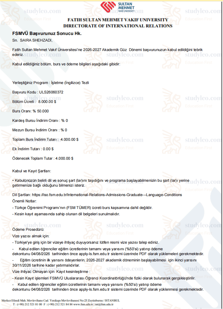 Fatih Sultan Mehmet University – Business Administration