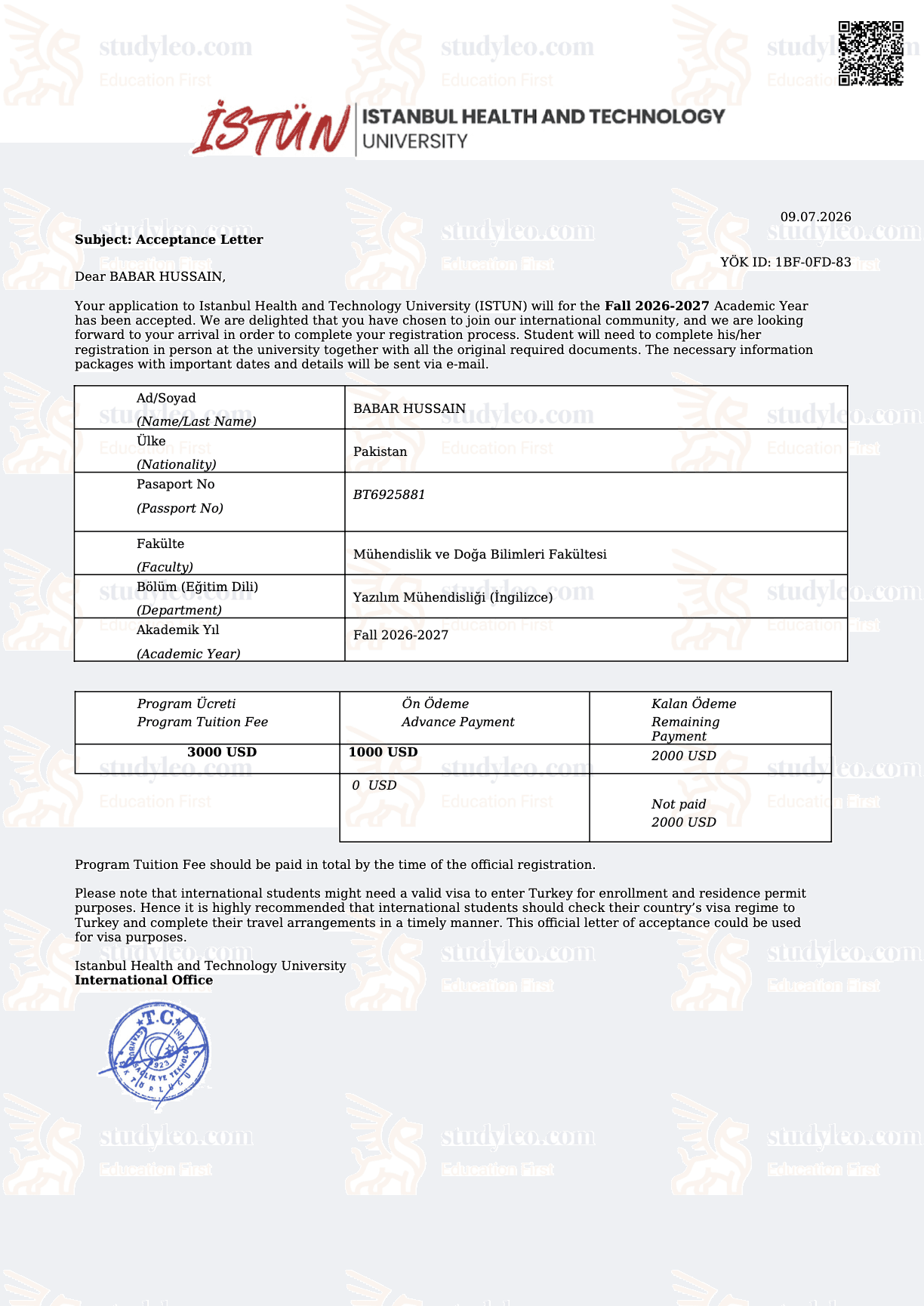 Istanbul Health and Technology University – Software Engineering
