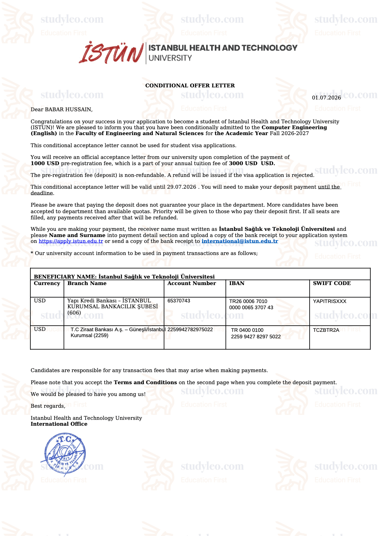 Istanbul Health and Technology University – Computer Engineering