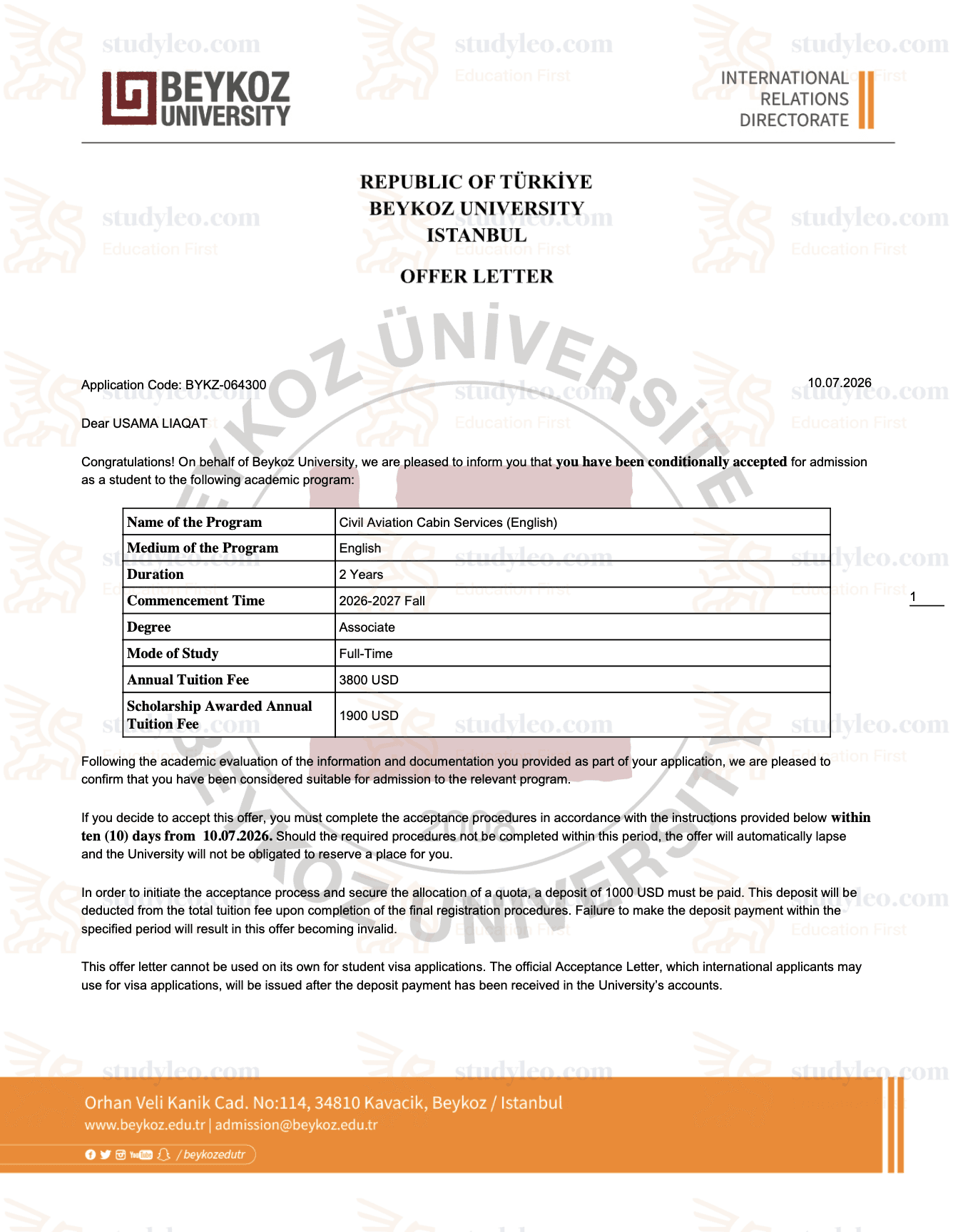 Beykoz University – Civil Aviation Cabin Services