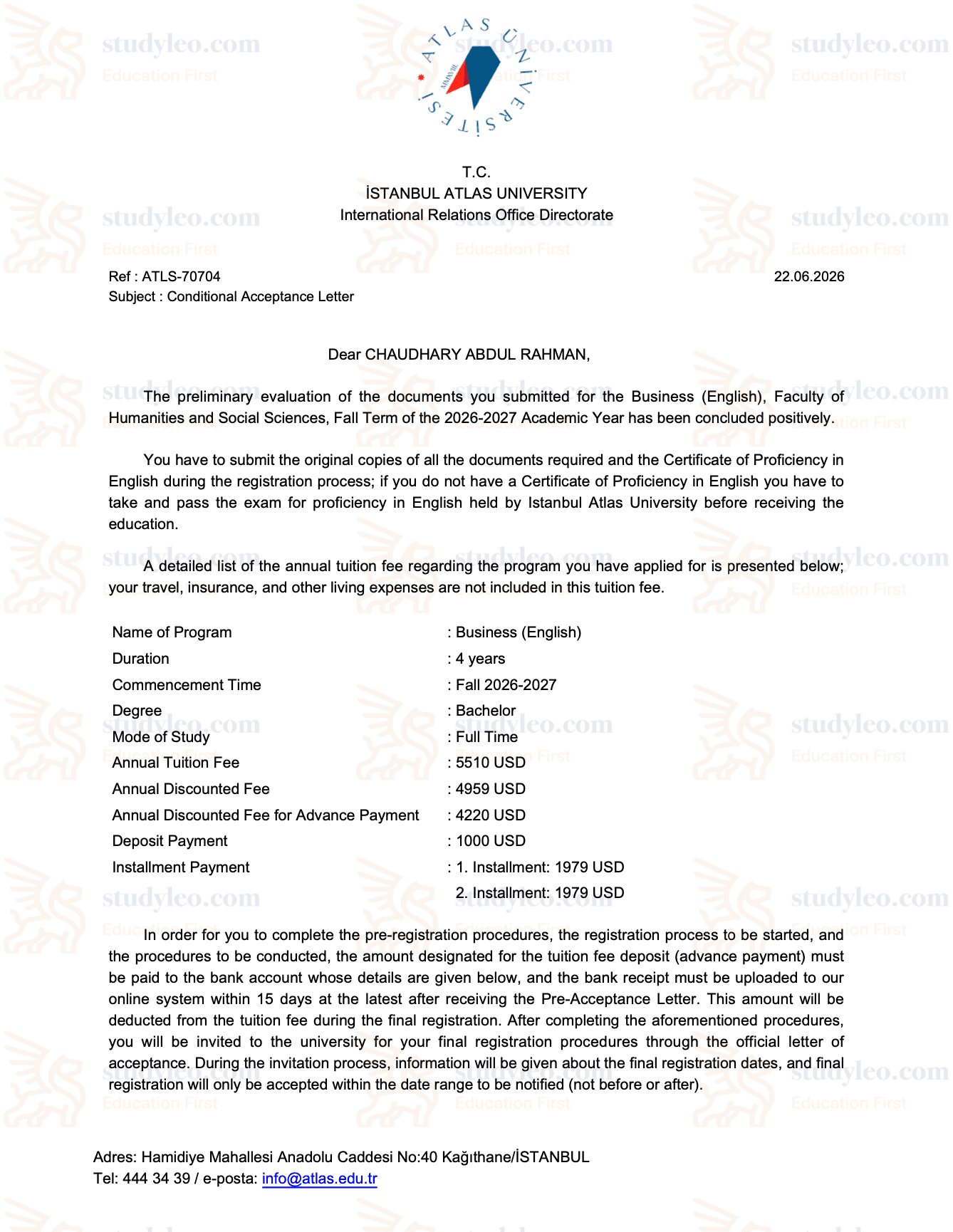 Istanbul Atlas University – Business Administration