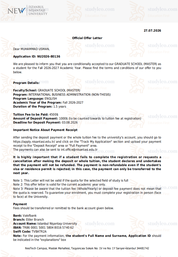 Istanbul Nisantasi University  – International Business (International Business Management)